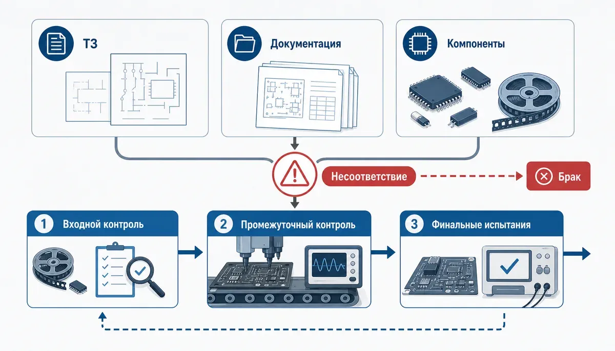 Иллюстрация показывает контроль качества в контрактном производстве электроники: проверку документации, компонентов и тестирование готовой продукции. Иллюстрация показывает контроль качества в контрактном производстве электроники: проверку документации, компонентов и тестирование готовой продукции.