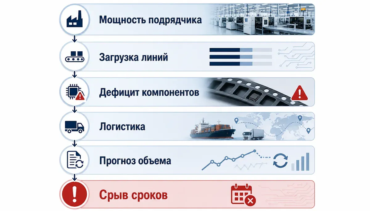 Инфографика показывает, как срыв сроков в контрактном производстве электроники возникает из-за загрузки мощностей, дефицита компонентов, логистики и изменений прогноза. Инфографика показывает, как срыв сроков в контрактном производстве электроники возникает из-за загрузки мощностей, дефицита компонентов, логистики и изменений прогноза.
