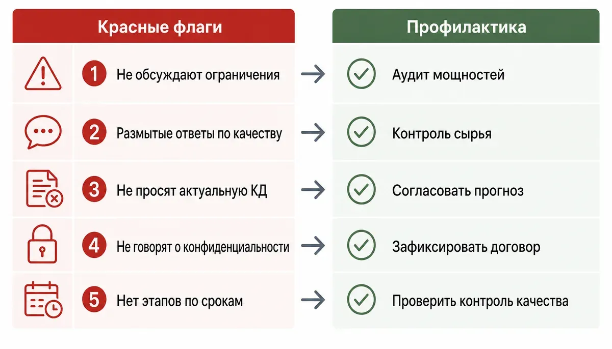 Иллюстрация показывает проверку рисков перед запуском контрактного производства электроники: с одной стороны — тревожные признаки, с другой — меры предотвращения. Иллюстрация показывает проверку рисков перед запуском контрактного производства электроники: с одной стороны — тревожные признаки, с другой — меры предотвращения.