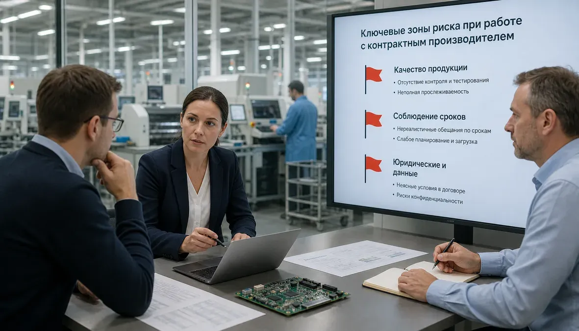 Переговоры и аудит подрядчика в офисе на фоне современного производства электроники, что визуально передает проверку рисков качества, сроков и документов. Переговоры и аудит подрядчика в офисе на фоне современного производства электроники, что визуально передает проверку рисков качества, сроков и документов.