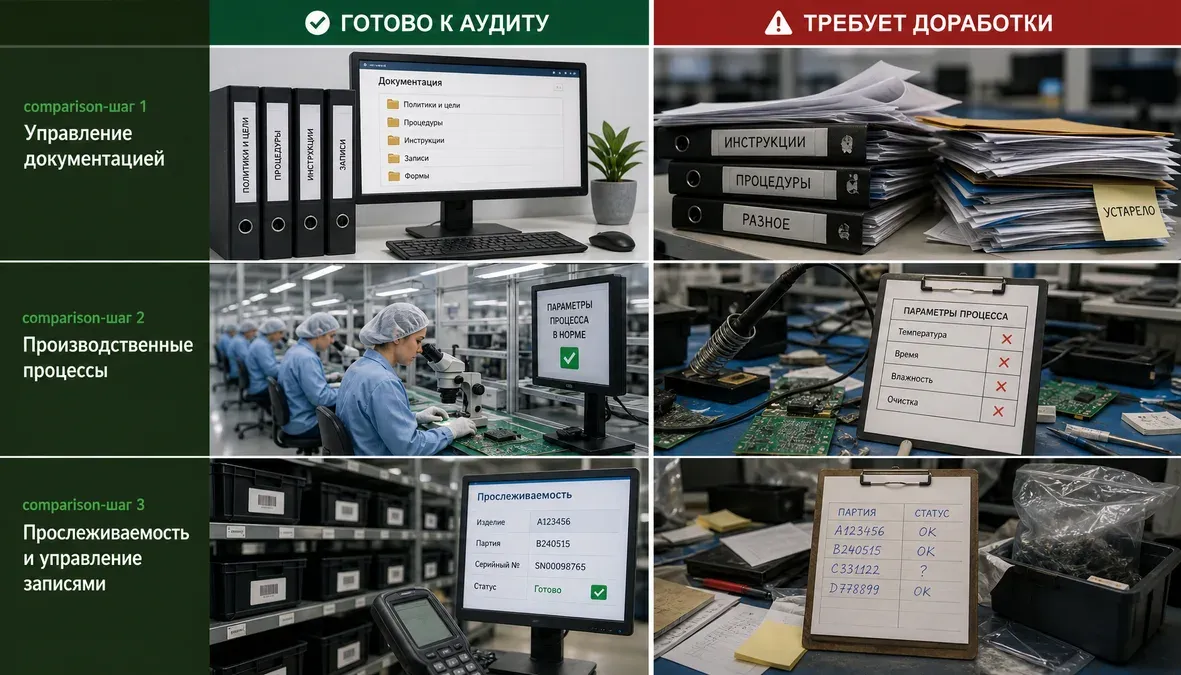 Сравнительная иллюстрация показывает готовый к аудиту участок контрактного производства электроники и участок с типичными недочетами в подготовке. Сравнительная иллюстрация показывает готовый к аудиту участок контрактного производства электроники и участок с типичными недочетами в подготовке.