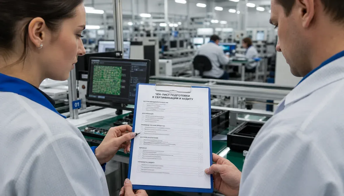Специалисты на производстве электроники сверяют чек-лист подготовки перед сертификацией и аудитом. Специалисты на производстве электроники сверяют чек-лист подготовки перед сертификацией и аудитом.