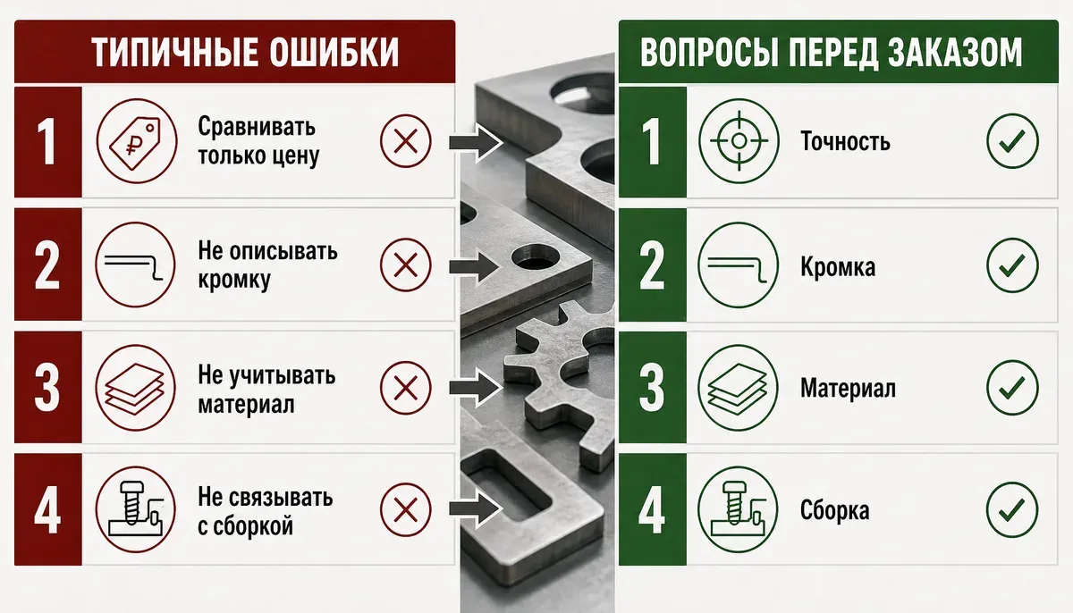 Инфографика с чек-листом перед заказом лазерной резки: частые ошибки и вопросы, которые нужно проверить заранее. Инфографика с чек-листом перед заказом лазерной резки: частые ошибки и вопросы, которые нужно проверить заранее.