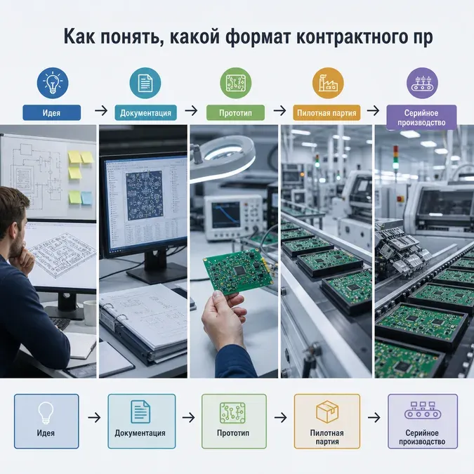 Инфографика показывает путь проекта электроники от идеи и документации до прототипа, пилотной партии и серийного производства.