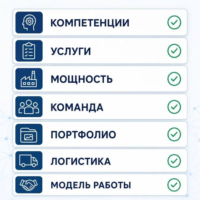 Инфографика с чек-листом критериев выбора подрядчика для контрактного производства электроники в России.