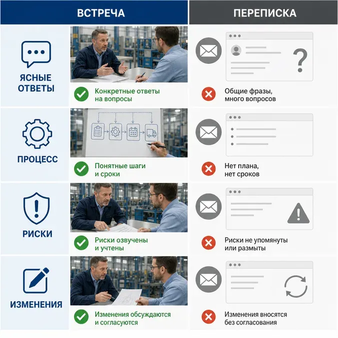 Сравнительная инфографика показывает, как по встрече и переписке отличить сильного подрядчика от слабого по качеству коммуникации.