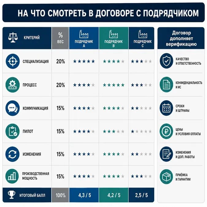 Инфографика с матрицей сравнения подрядчика для контрактного производства электроники и заметками по договору.