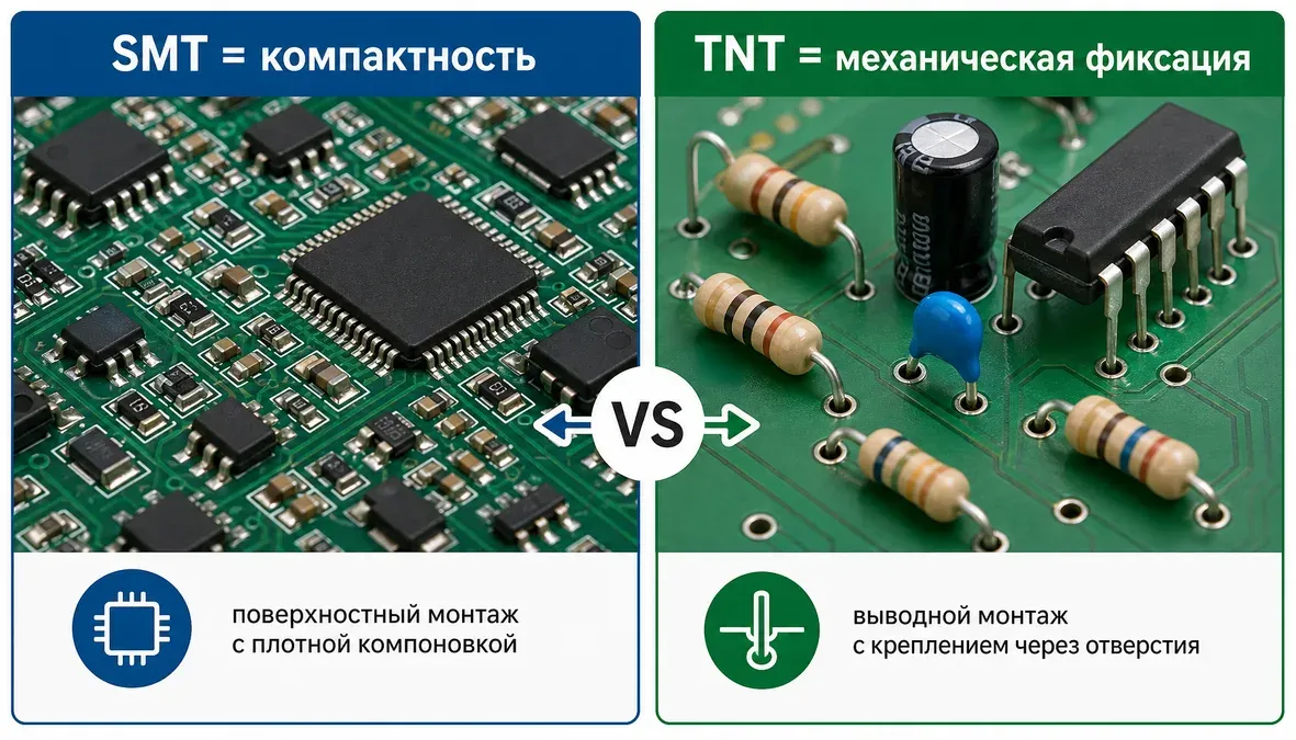 Схема сравнивает SMT и TNT: поверхностный монтаж с плотной компоновкой и выводной монтаж с креплением через отверстия.