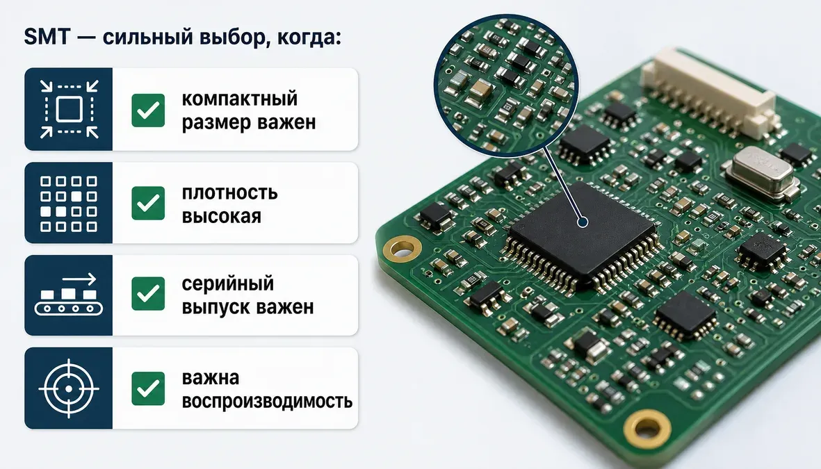 Инфографика-чеклист о том, когда SMT лучше подходит для контрактного производства.