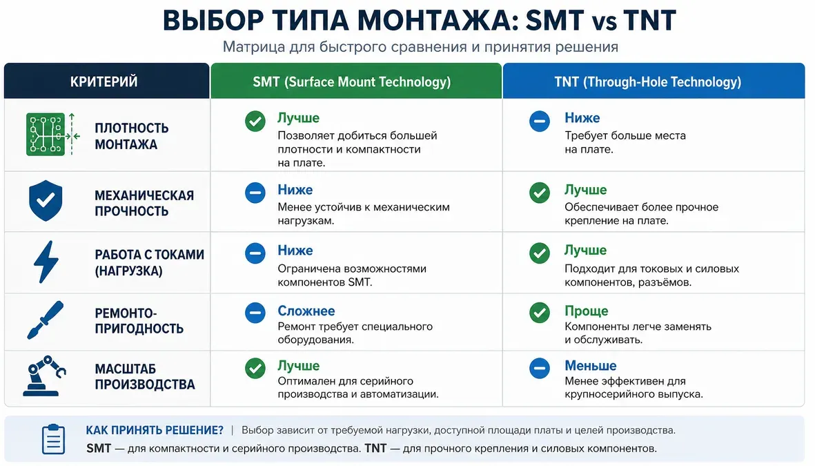 Инфографика с матрицей выбора между SMT и TNT для подготовки и запуска монтажа на контрактном производстве.