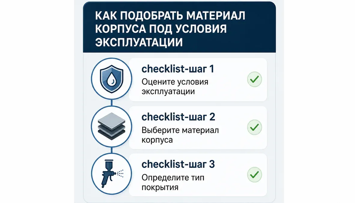 Чеклист выбора материала корпуса под условия эксплуатации Инфографика-чеклист с ключевыми параметрами выбора материала металлического корпуса под условия эксплуатации.