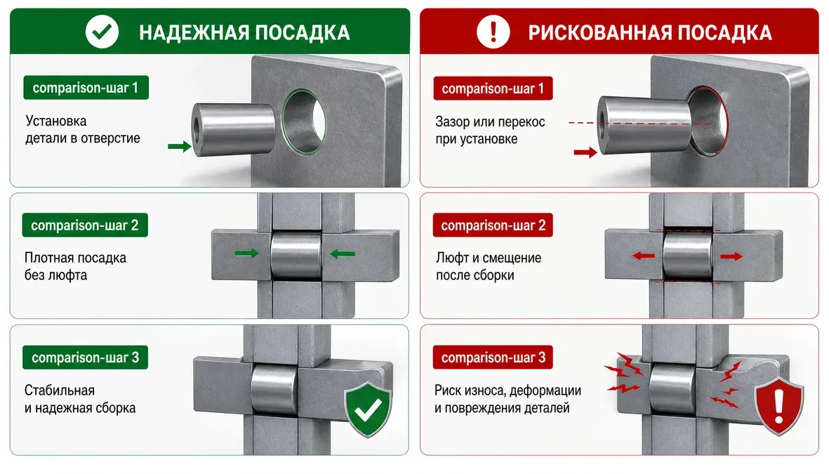 Сравнение посадок для надежной сборки корпуса Сравнительная инфографика показывает удачную и проблемную посадку при сборке металлического корпуса.