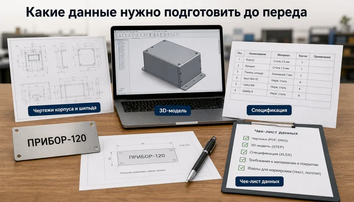 Комплект данных для передачи в производство На схеме показан комплект исходных данных для передачи в производство металлического корпуса и шильда: чертежи, 3D-модель, спецификация и чек-лист.