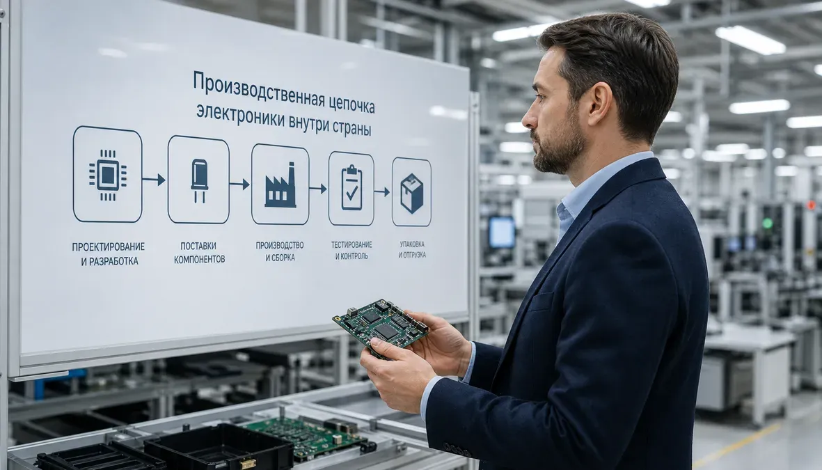 Руководитель оценивает карту производственной цепочки и образец электроники в современном цехе.