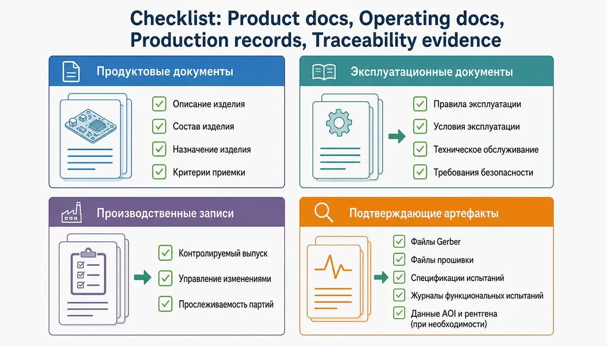Документы на производство для сертификации электроники Инфографика с типовым комплектом документов для сертификации и документального сопровождения контрактной электроники.
