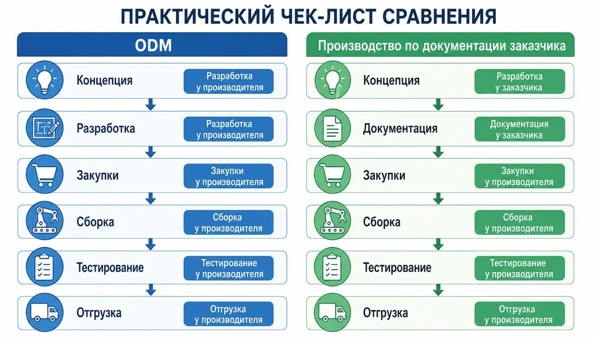 Инфографика сравнивает модель ODM и производство по документации заказчика по этапам полного цикла электроники.