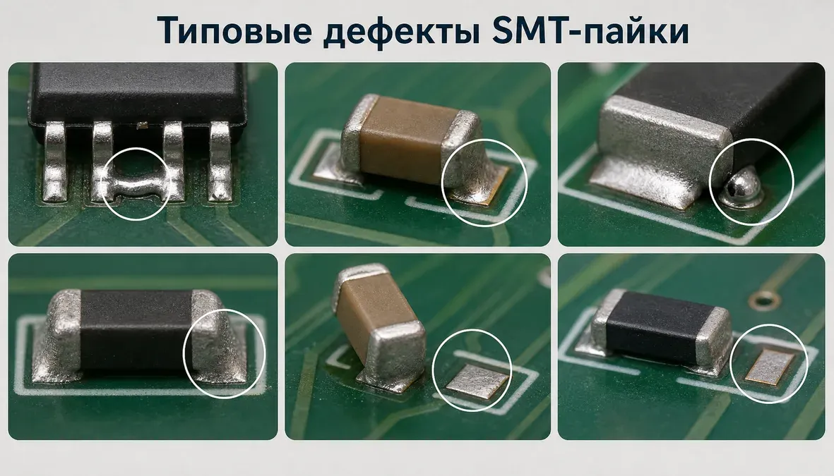 Инфографика с шестью типовыми дефектами SMT-пайки: перемычка, недостаток припоя, плохое смачивание, холодная пайка, томбстоун и обрыв соединения.
