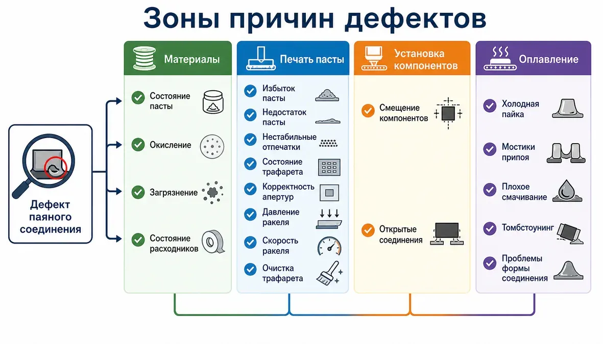 Инфографика показывает, как типовые дефекты SMT-пайки связаны с зонами причин на этапах материалов, печати пасты, установки компонентов и оплавления.