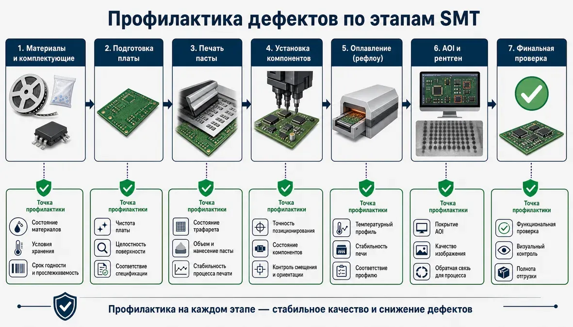 Инфографика показывает этапы SMT-пайки и точки профилактического контроля от материалов и печати пасты до AOI, рентгена и финальной проверки.