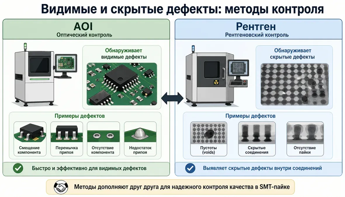 Инфографика сравнивает методы контроля SMT-пайки: SPI для пасты до пайки, AOI для видимых дефектов и рентген для скрытых соединений и пустот.