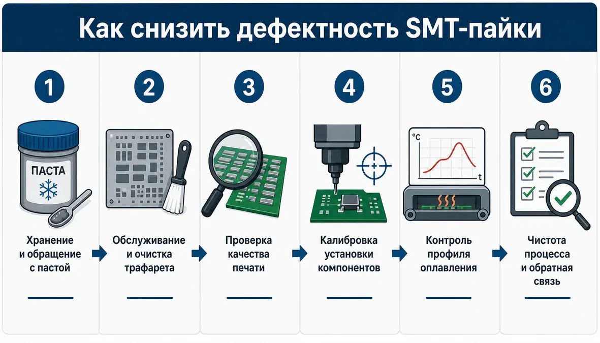 Инфографика с чек-листом критериев оценки подрядчика по SMT-пайке: паста, трафарет, печать, установка, профиль оплавления и чистота процесса.