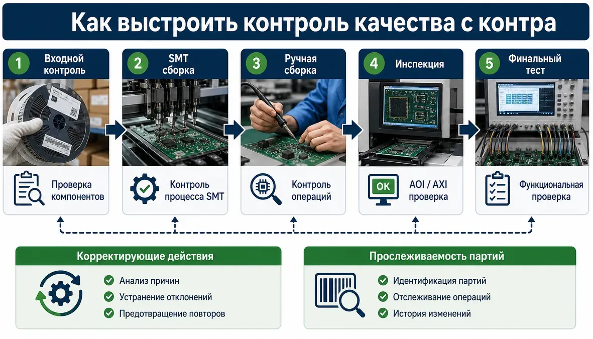 Инфографика показывает этапы контроля качества в контрактном производстве электроники: входной контроль, проверки в процессе, финальную приемку, корректирующие действия и прослеживаемость партий.