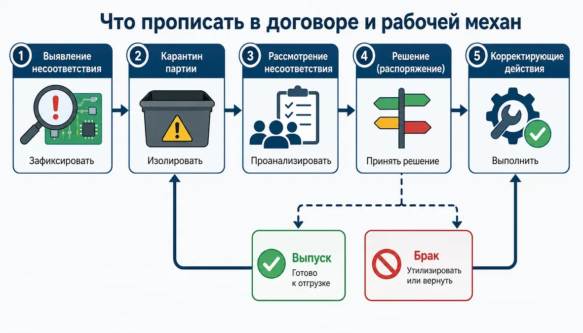 Схема показывает порядок работы с несоответствием в контрактном производстве электроники: от выявления проблемы и карантина партии до решения, корректирующих действий и выпуска или брака.