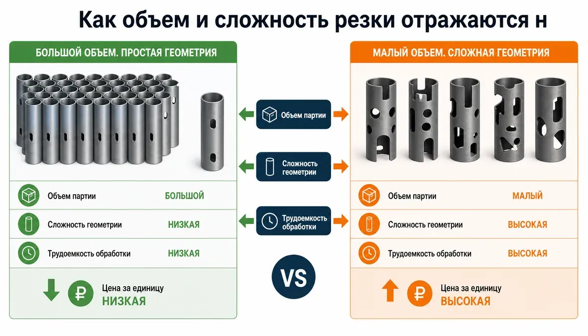 Сравнительная инфографика показывает, как большой тираж простых деталей снижает цену за единицу, а сложная геометрия и малый объем повышают стоимость лазерной резки труб.