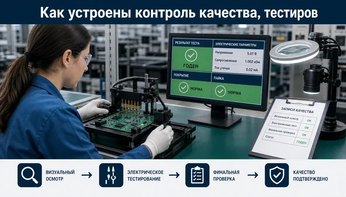 Инфографика показывает контроль качества, тестирование и снабжение как связанные этапы полного цикла производства электроники.