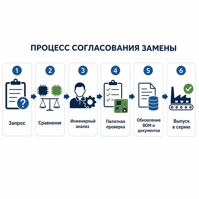 Инфографика показывает пошаговый процесс согласования аналога компонента для серийного производства: от причины замены до обновления BOM и задания области действия.