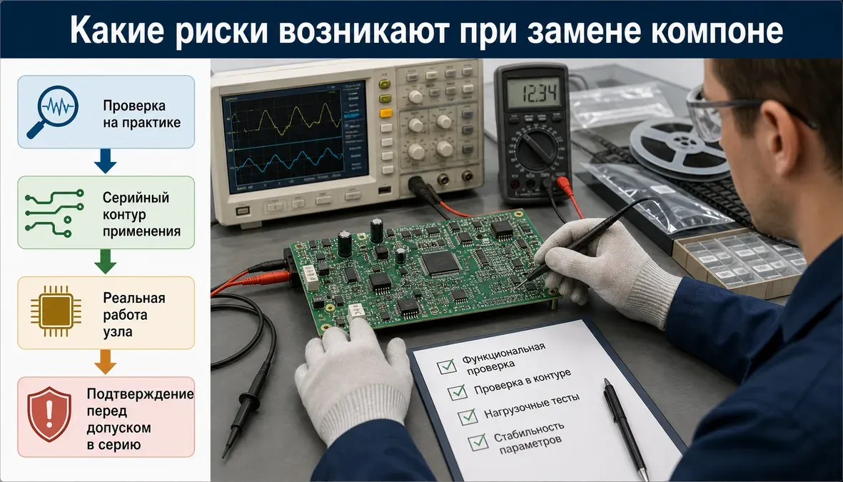 Инфографика показывает этапы проверки аналога компонента перед согласованием замены для серийного производства.