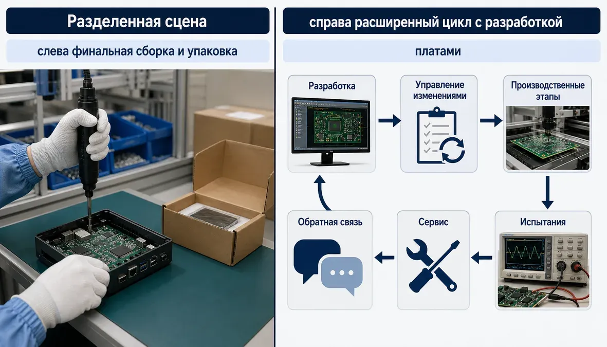 Сравнение сборки и локализации полного цикла Сравнительная инфографика показывает разницу между простой сборкой электроники и локализацией полного цикла в России.