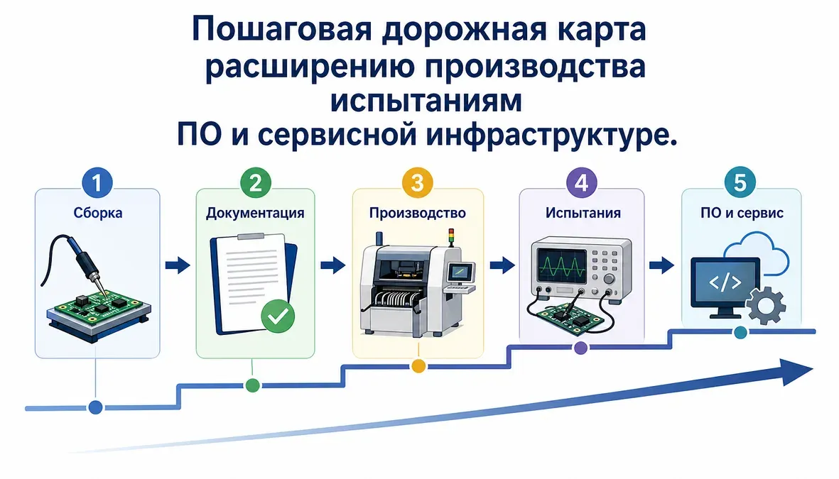 Дорожная карта локализации электроники в России Инфографика показывает поэтапный путь локализации электроники в России от сборки к полному циклу с документами, испытаниями, ПО и сервисом.