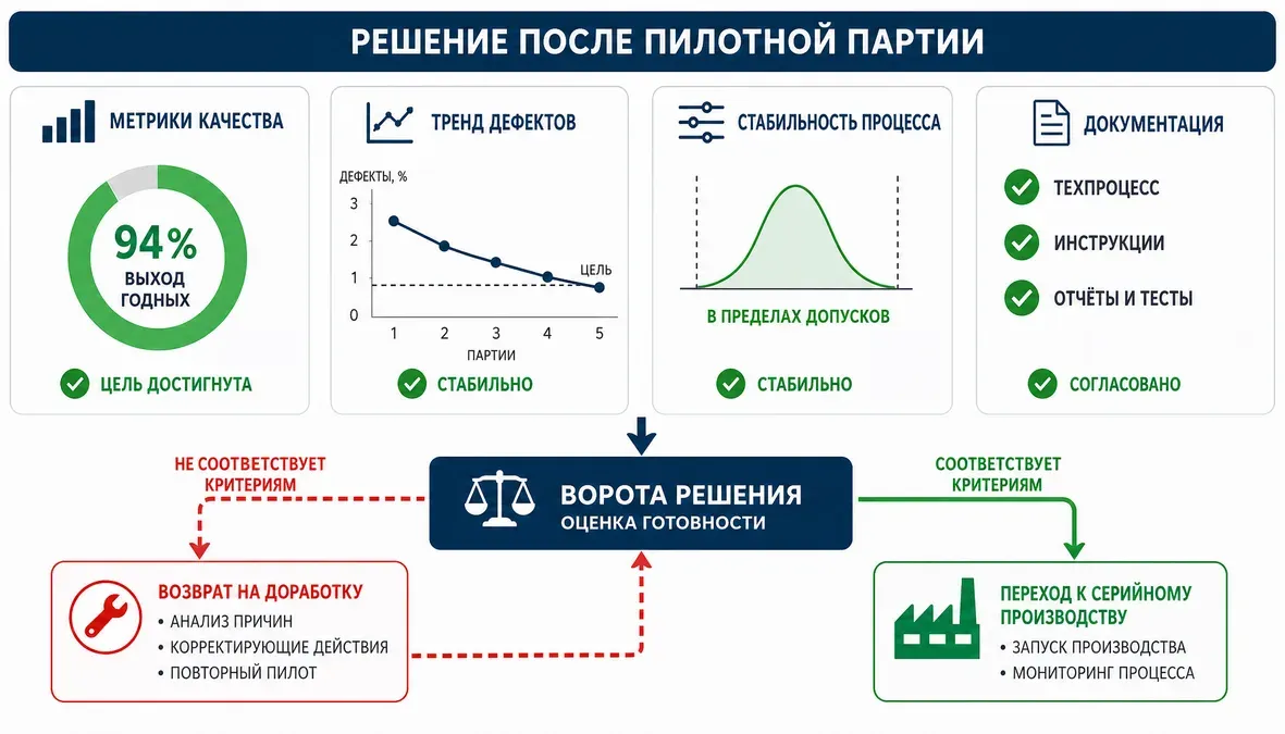 Решение после пилотной партии перед серийным выпуском Инфографика показывает точку решения после пилотной партии электроники: запуск в серию или возврат на корректирующие действия по дефектам и нестабильностям.