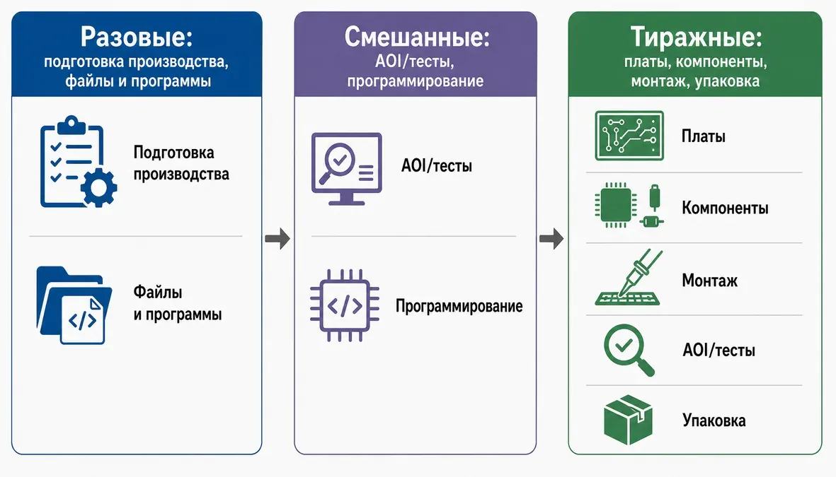 Разовые, смешанные и тиражные затраты в КП Инфографика разделяет статьи затрат в контрактном производстве электроники на разовые, смешанные и тиражные с примерами операций.