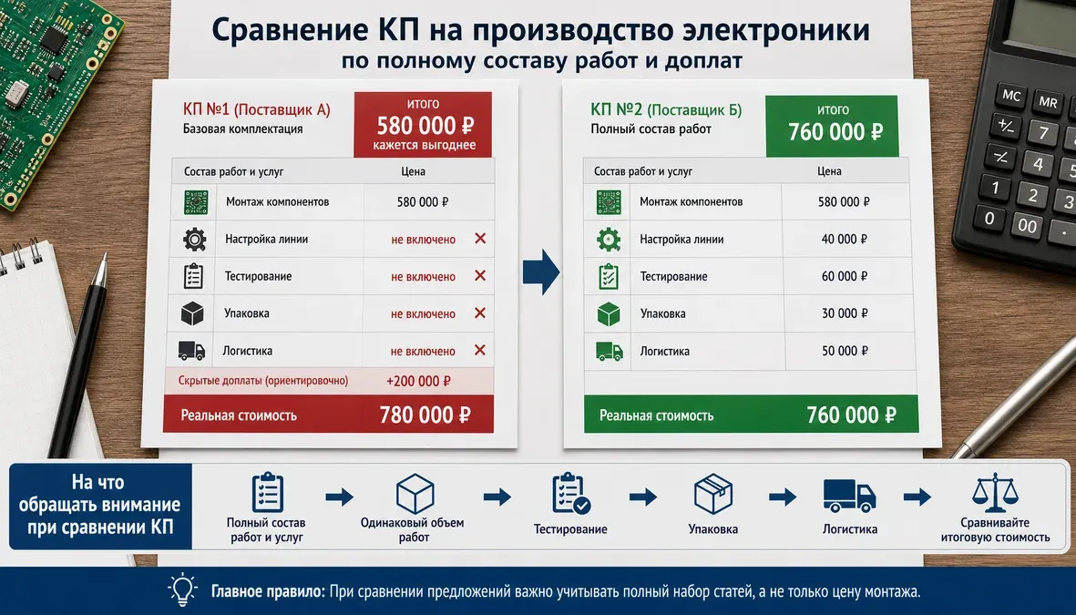Сравнение КП по составу работ в производстве электроники Сравнительная инфографика двух КП на производство электроники, где показано, что более низкая цена может не включать часть работ и услуг.