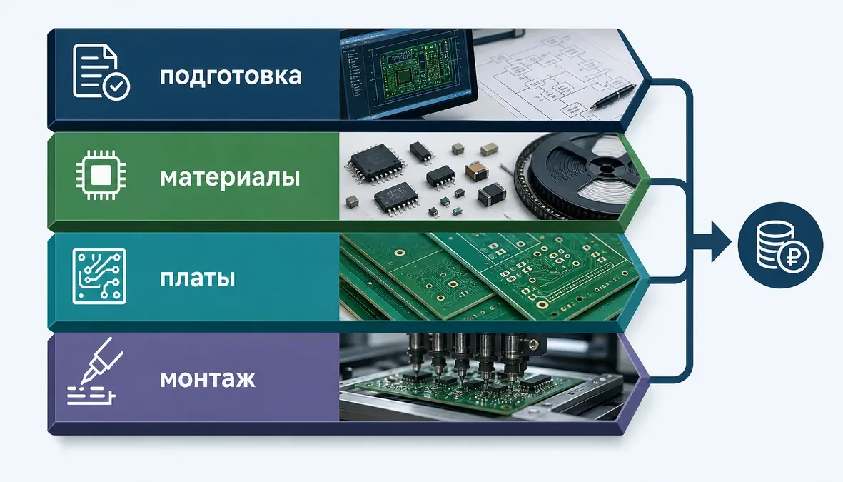 Структура цены КП на производство электроники Инфографика показывает структуру цены контрактного производства электроники по слоям: подготовка, компоненты, платы, монтаж, контроль, прошивка, упаковка и логистика.