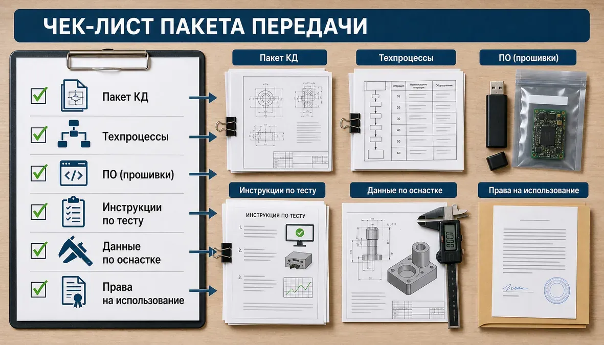 Инфографика показывает, какие документы, ПО, тестовые инструкции, оснастку и права нужно передать для практической локализации производства электроники в России.