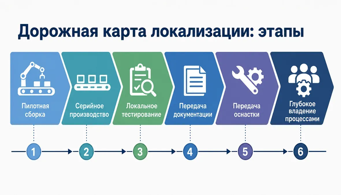 Инфографика показывает поэтапную локализацию производства электроники в России как дорожную карту от цели проекта и локальной сборки до переноса узлов и компонентов.