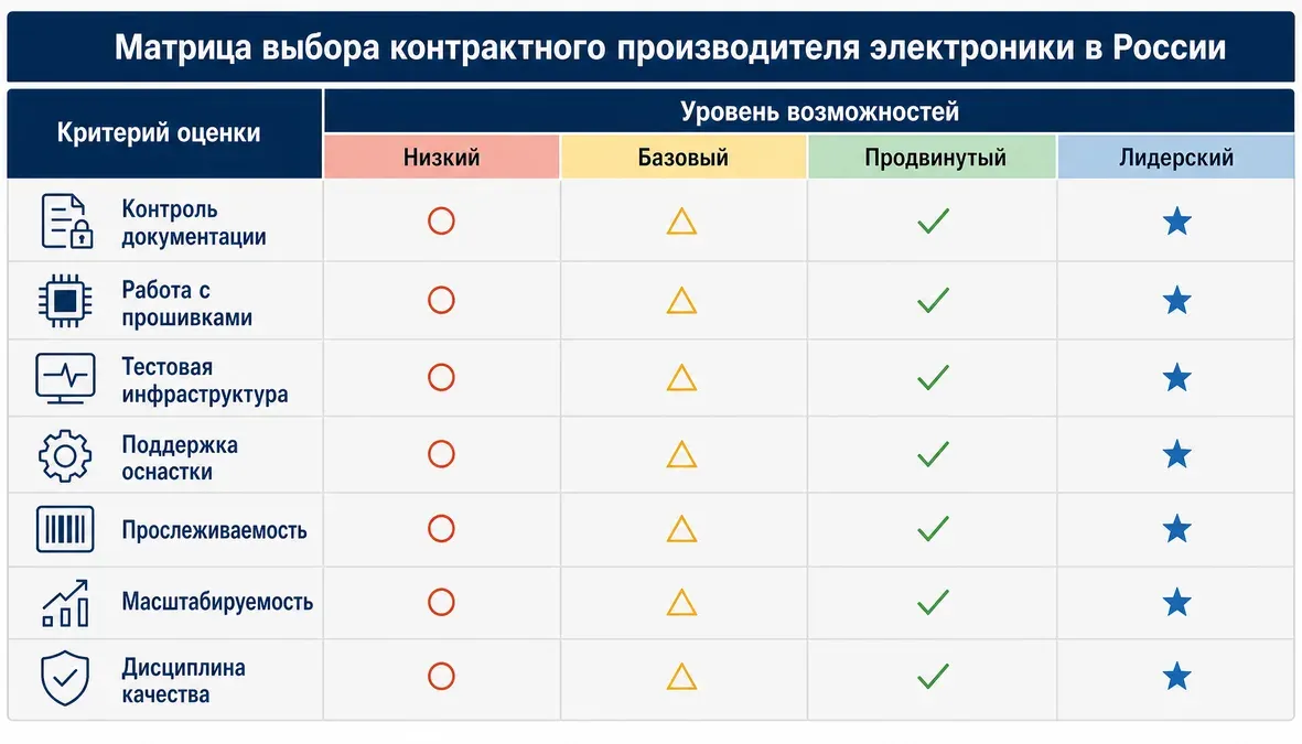 Инфографика в виде матрицы сравнения для оценки контрактного производителя электроники при локализации в России.