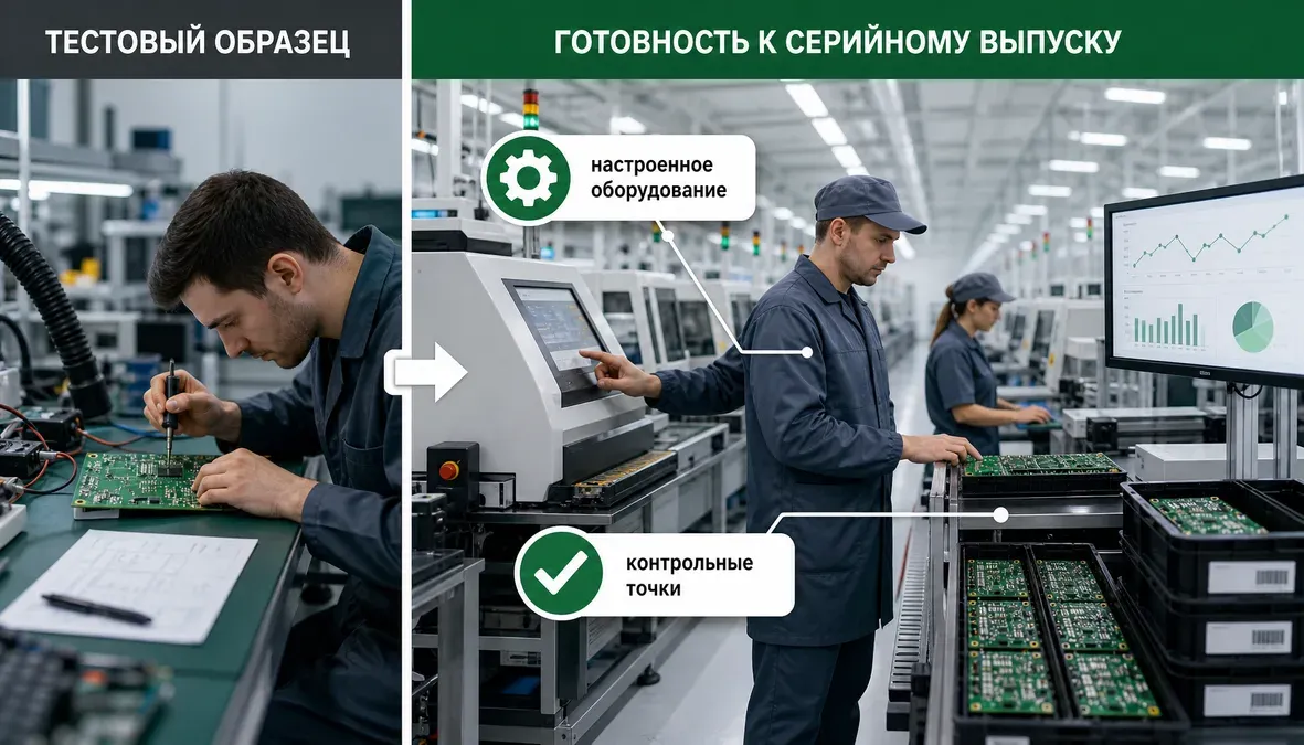 Реальные мощности для серийного выпуска электроники Инфографика показывает разницу между тестовым образцом и реальной готовностью завода к стабильному серийному выпуску электроники.