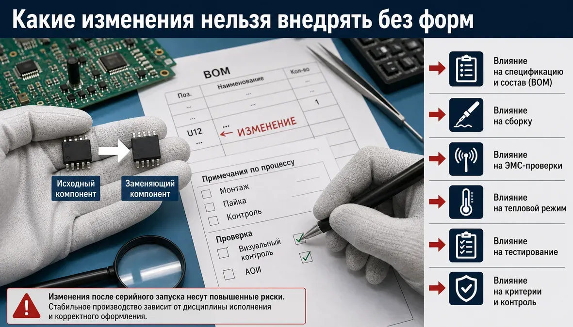 Инфографика показывает, какие изменения в контрактном производстве электроники требуют формального согласования из-за влияния на качество, ЭМС, тепловой режим и повторяемость.