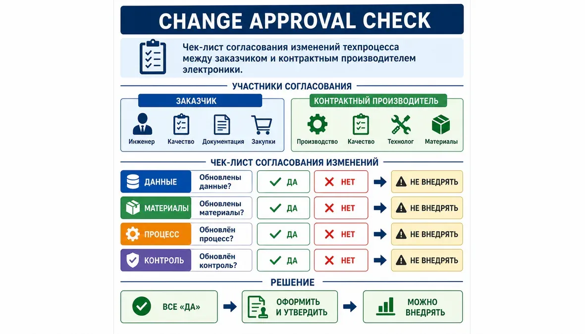 Инфографика показывает чек-лист согласования изменений техпроцесса между заказчиком и контрактным производителем электроники.
