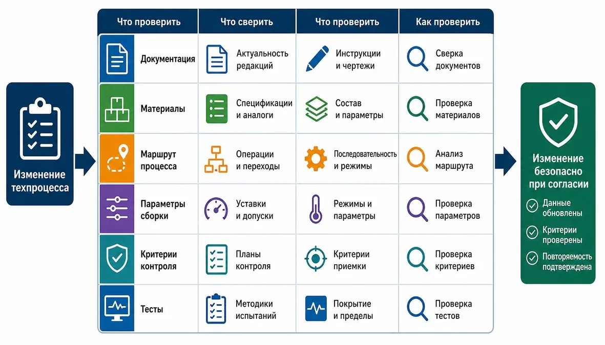 Инфографика показывает, какие данные, инструкции, материалы, параметры контроля и тесты нужно сверить перед согласованием изменений техпроцесса в контрактном производстве электроники.