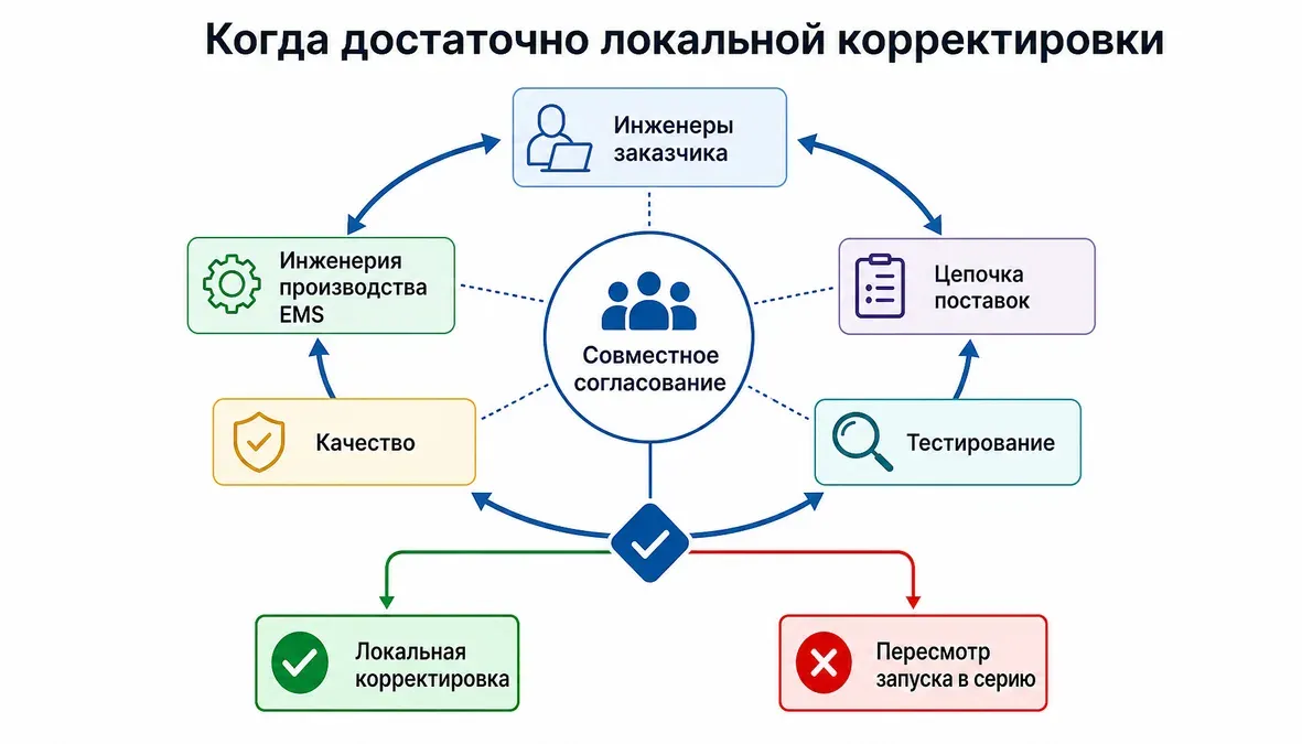 Схема участников согласования изменений техпроцесса в контрактном производстве электроники с развилкой между локальной корректировкой и пересмотром запуска в серию.