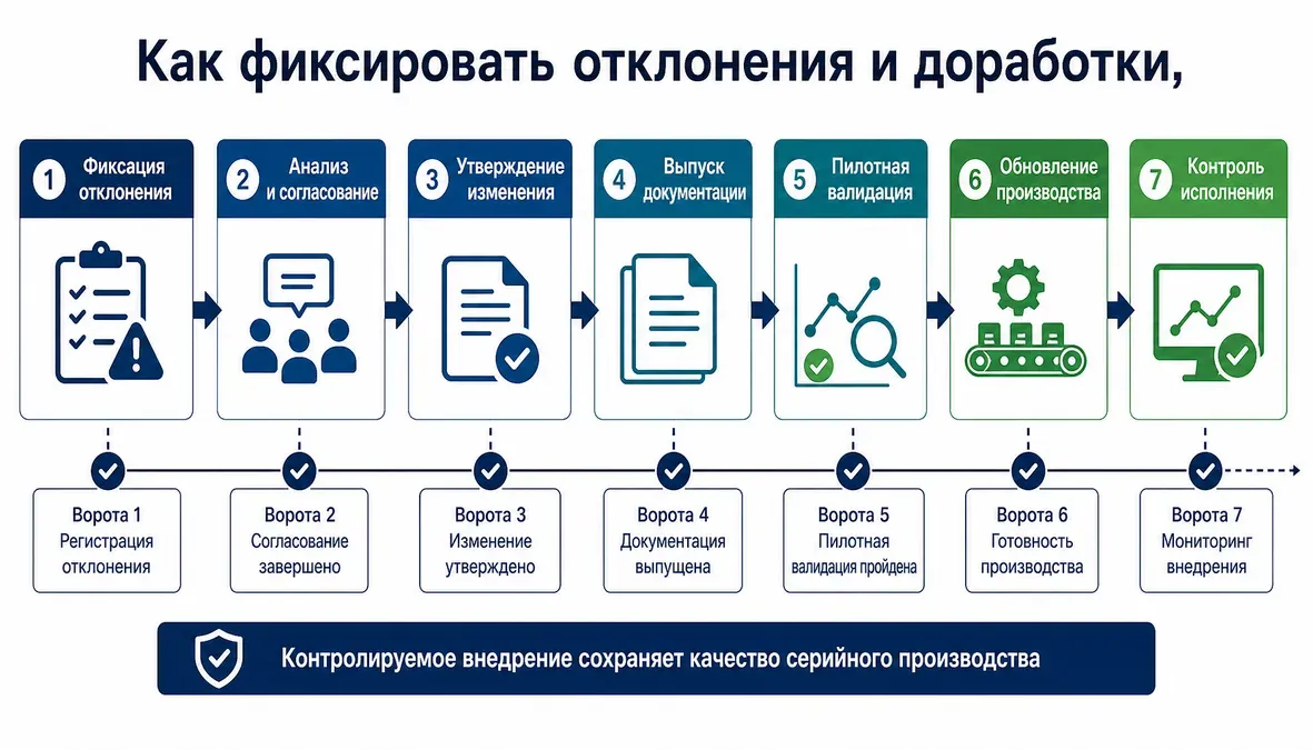 Инфографика показывает безопасный путь внедрения согласованного изменения в контрактном производстве электроники: от фиксации отклонения до контроля исполнения на линии.