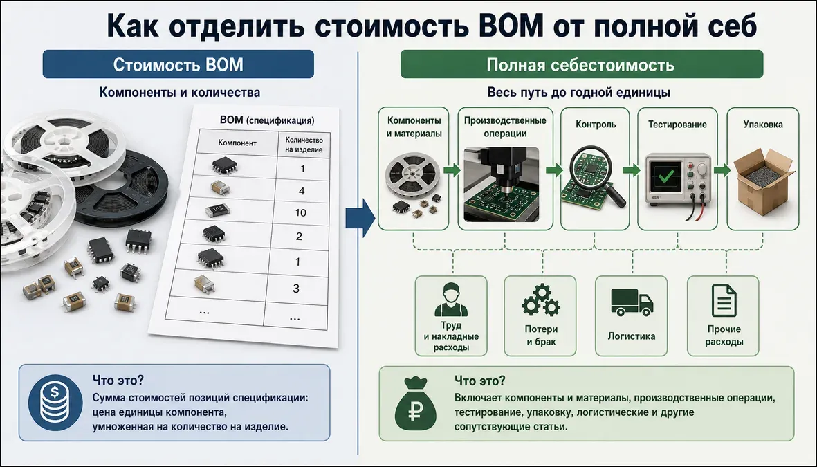 BOM и полная себестоимость выпуска электроники Сравнительная инфографика показывает разницу между стоимостью BOM и полной себестоимостью выпуска электроники с учетом операций, потерь и тестов.