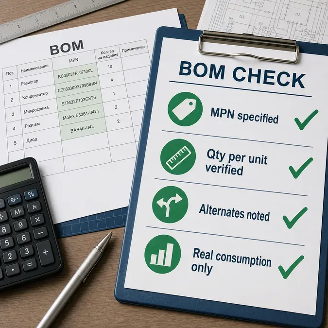 Чек-лист проверки BOM для расчета себестоимости Инфографика с чек-листом проверки BOM перед расчетом себестоимости электроники: позиции, количество, MPN, альтернативы и фактическое потребление.