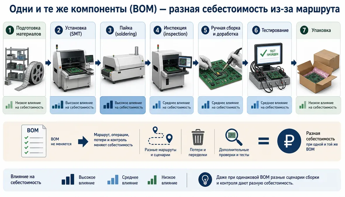 Маршрут, потери и тесты в себестоимости электроники Инфографика показывает, как маршрут производства, потери и тесты увеличивают себестоимость выпуска электроники сверх стоимости BOM.
