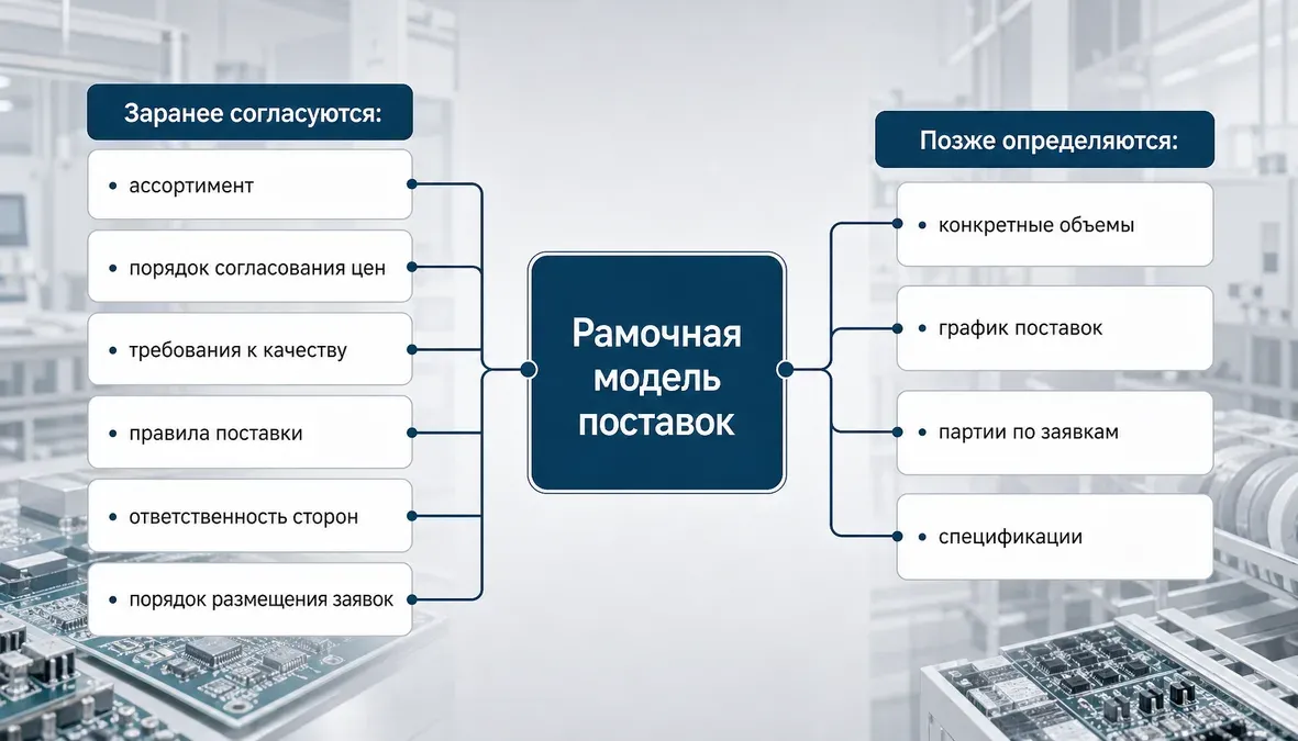Структура рамочной модели поставок в электронике Схема показывает рамочную модель поставок в контрактном производстве электроники: отдельно выделены заранее фиксируемые условия и параметры, которые определяются позже по заявкам.